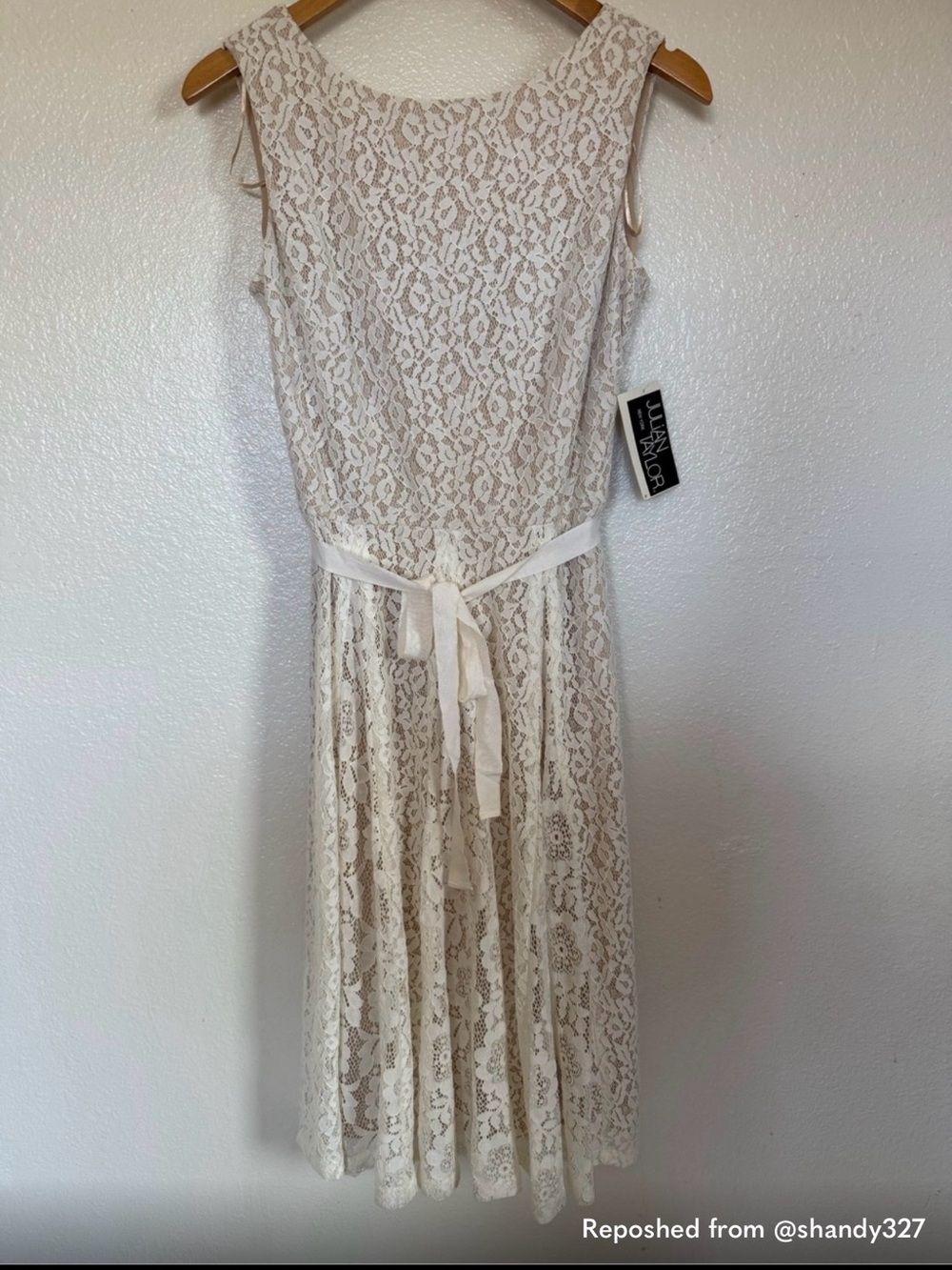 Julian Taylor Cream Lace Midi Dress with Ribbon Waist
